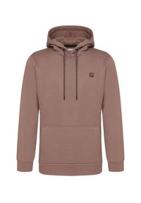 Bruine hoodie met een voorzak, trekkoorden en geribbelde manchetten. Beschikt over een klein logo-oplasting op de borst en een gladde textuur.