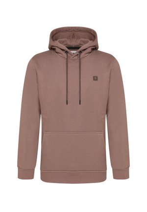 Bruine hoodie met een voorzak, trekkoorden en geribbelde manchetten. Beschikt over een klein logo-oplasting op de borst en een gladde textuur.