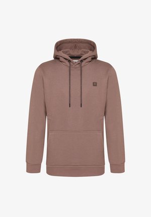 Brown hoodie with a front pocket, drawstrings, and ribbed cuffs. Features a small logo patch on the chest and a smooth texture.