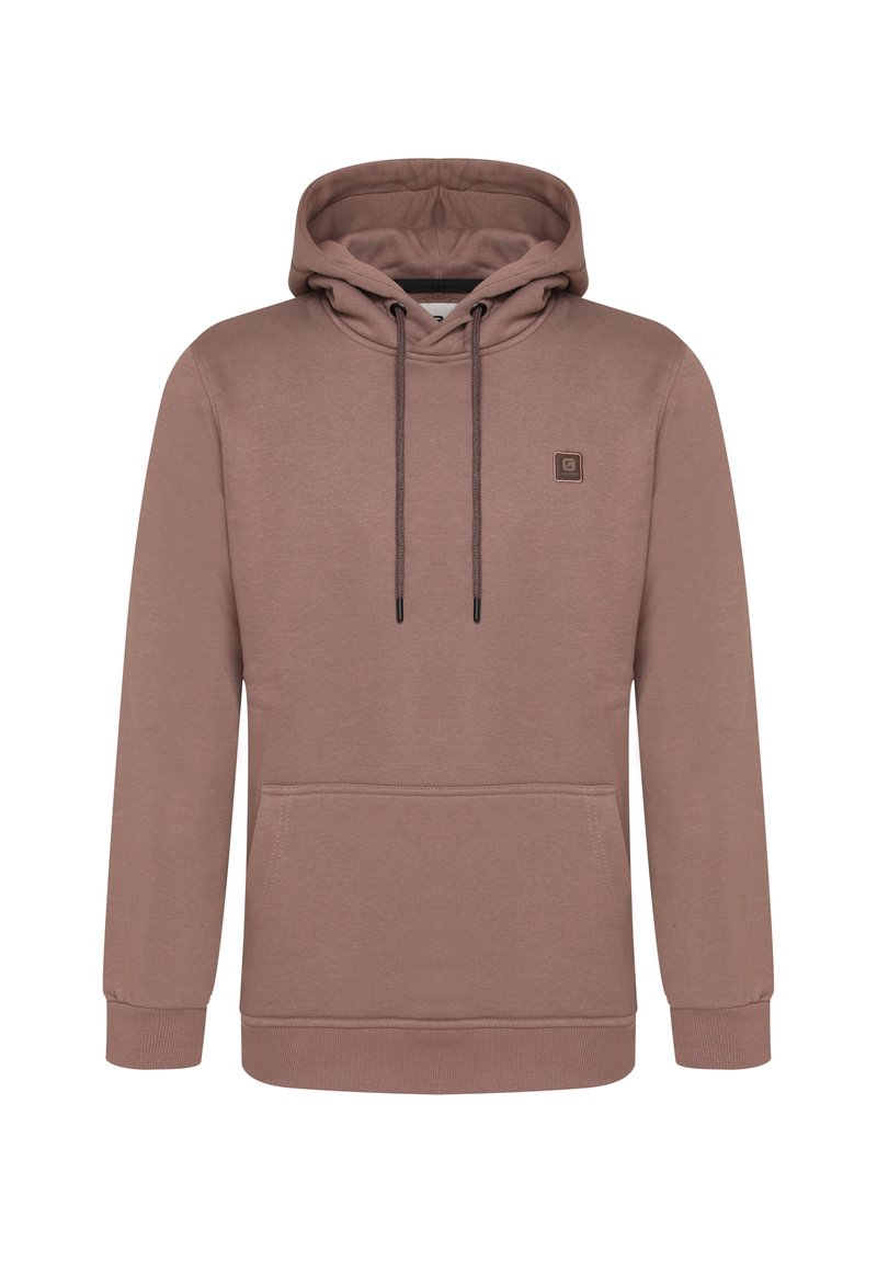 Bruine hoodie met een voorzak, trekkoorden en geribbelde manchetten. Beschikt over een klein logo-oplasting op de borst en een gladde textuur.