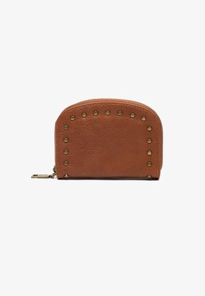 Brown leather zip wallet with rounded top edges and brass studs arranged in a rectangle along the front panel.