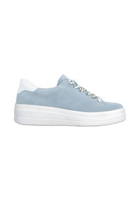 Baskets en daim bleu clair avec talon rembourré blanc, lacets à motifs et semelle plateforme blanche épaisse.