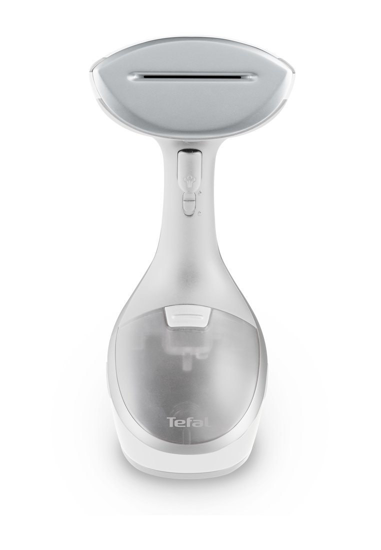 Handheld Dampfbügeleisen in Weiß und Silber. Ausgestattet mit einem glatten, ovalen Kopf, einem transparenten Wassertank und einem ergonomischen Abzug zum Betrieb.