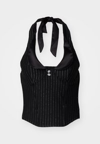 Black halter neck top with satin neckline, pinstriped design, front buttons, and a fitted shape. Features ties at the back of the neck.