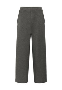 Pantaloni larghi grigi realizzati in tessuto morbido, con vita elastica e tasche laterali. Texture liscia con una vestibilità casual e rilassata.