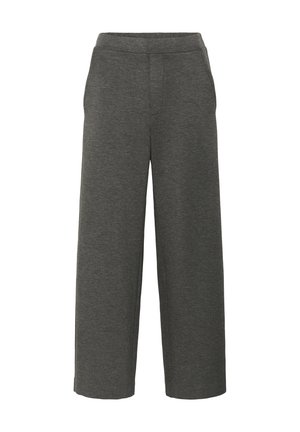 Graue weit geschnittene Hose aus weichem Material, mit einem elastischen Bund und Seitentaschen. Glatte Textur mit einer lässigen, lockeren Passform.