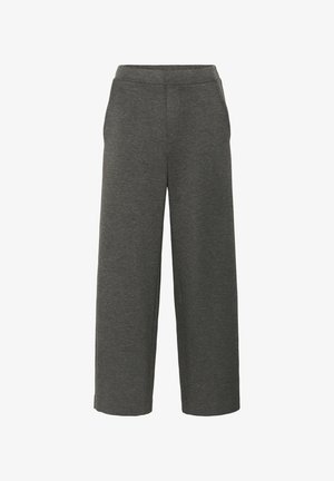 Graue weit geschnittene Hose aus weichem Material, mit einem elastischen Bund und Seitentaschen. Glatte Textur mit einer lässigen, lockeren Passform.