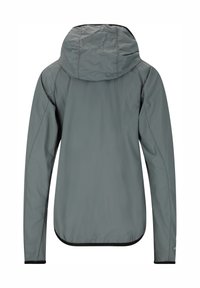 Huppariharmaa kevyt takki, jossa on huppu, sileä pinta, pitkät hihat sekä musta kanttaus helman ja hihansuiden ympärillä.