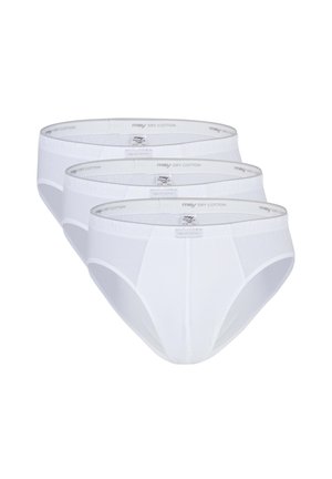 Tre hvide herrestrømper med elastiske linninger mærket "mey dry cotton" stablet på række på en hvid baggrund.