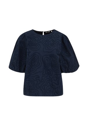 Maglione pullover blu navy con maniche a palloncino corte, caratterizzato da un motivo astratto ricamato e un piccolo apertura a chiave nella parte posteriore.