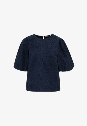 Navy blue pullover top with short puff sleeves, featuring an abstract embroidered pattern and a small back keyhole opening.