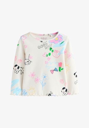 Biele detské tričko s dlhým rukávom s farebnými čmáranicami ako psy, kvety, srdcia, jahody, slnko a text "DOBRÝ DEŇ".