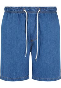 Mėlynos džinsinės šortai su elastine juosta ir raišteliu. Yra siūti kraštai ir kasdienis dizainas. Tinkami šiltam orui.