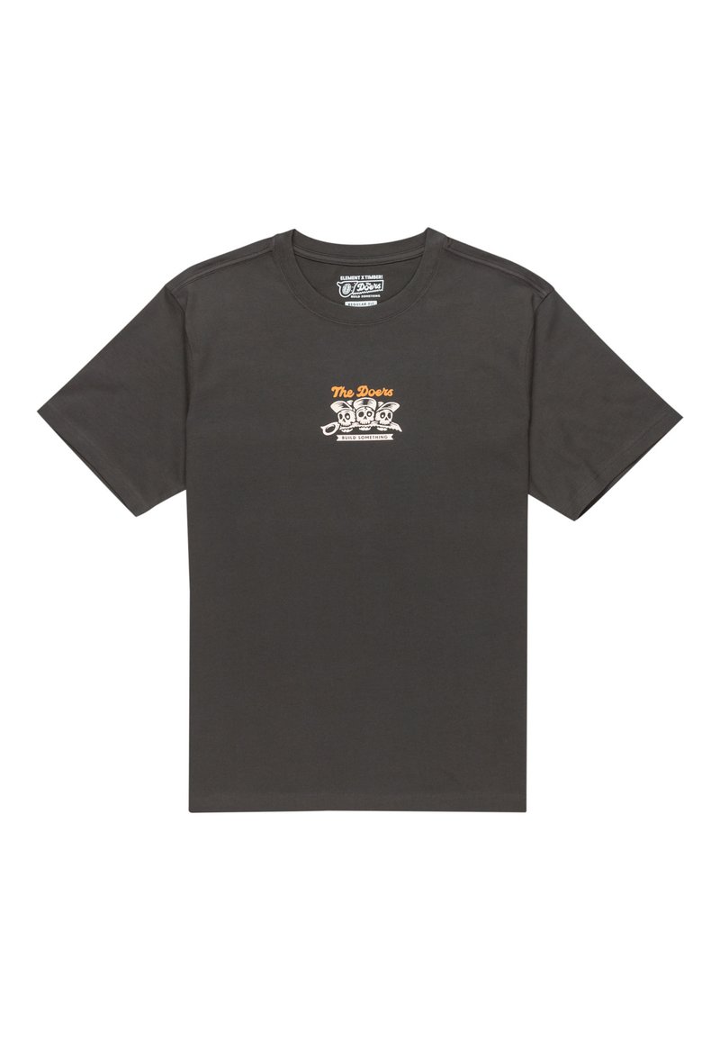 Donkergrijze katoenen t-shirt met korte mouwen, voorzien van een kleurrijke grafische print van schedels en de tekst "The Doors" op de borst.