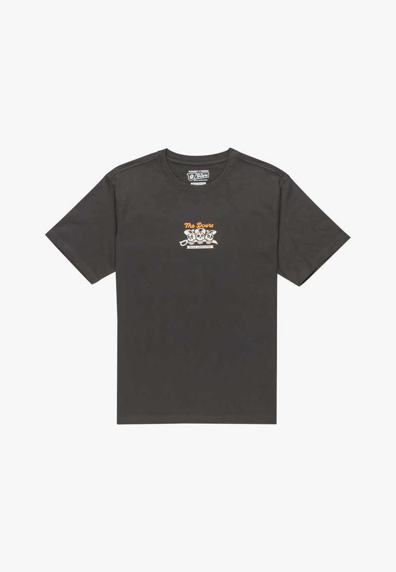 Camiseta de algodón gris oscuro con mangas cortas, presenta un colorido estampado gráfico de calaveras y el texto "The Doors" en el pecho.