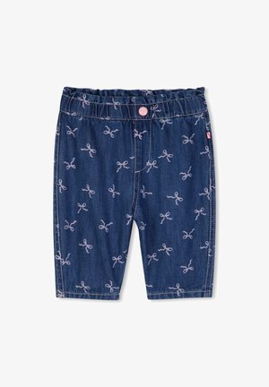 Donkerblauwe kinderkorte broek met lichtroze strikpatronen, elastische tailleband en een roze knoop aan de voorkant in het midden.