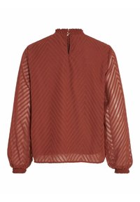 Blouse longue à manches longues en voile de couleur rouille avec motif en chevron, col haut froncé et poignets, fermeture à bouton avec trou en forme de goutte dans le dos.