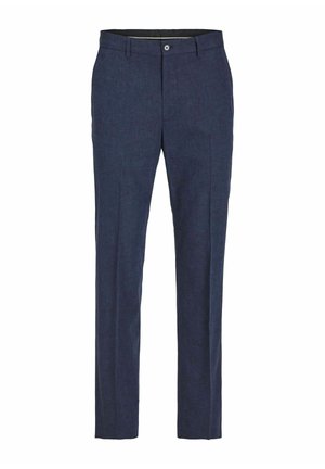 Navyblaue Hose mit maßgeschneiderter Passform, aus strukturiertem Stoff, mit Reißverschluss, Knopfverschluss und zwei seitlichen Taschen.