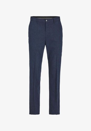 Navy blue trousers with a tailored fit, made of textured fabric, featuring a zip fly, button closure, and two side pockets.