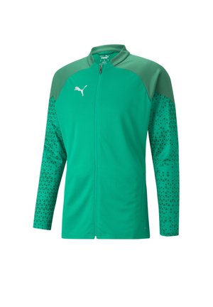 Groene sportjack met volledige rits, textuurstof, contrasterend schoudergedeelte en gemusterde mouwen met kleine driehoekige ontwerpen.