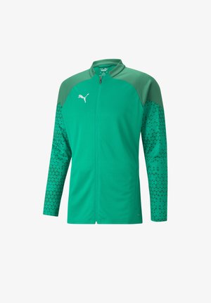 Grüne Sportjacke mit durchgehendem Reißverschluss, strukturiertem Gewebe, kontrastierendem Schulterbereich und gemusterten Ärmeln mit kleinen dreieckigen Designs.