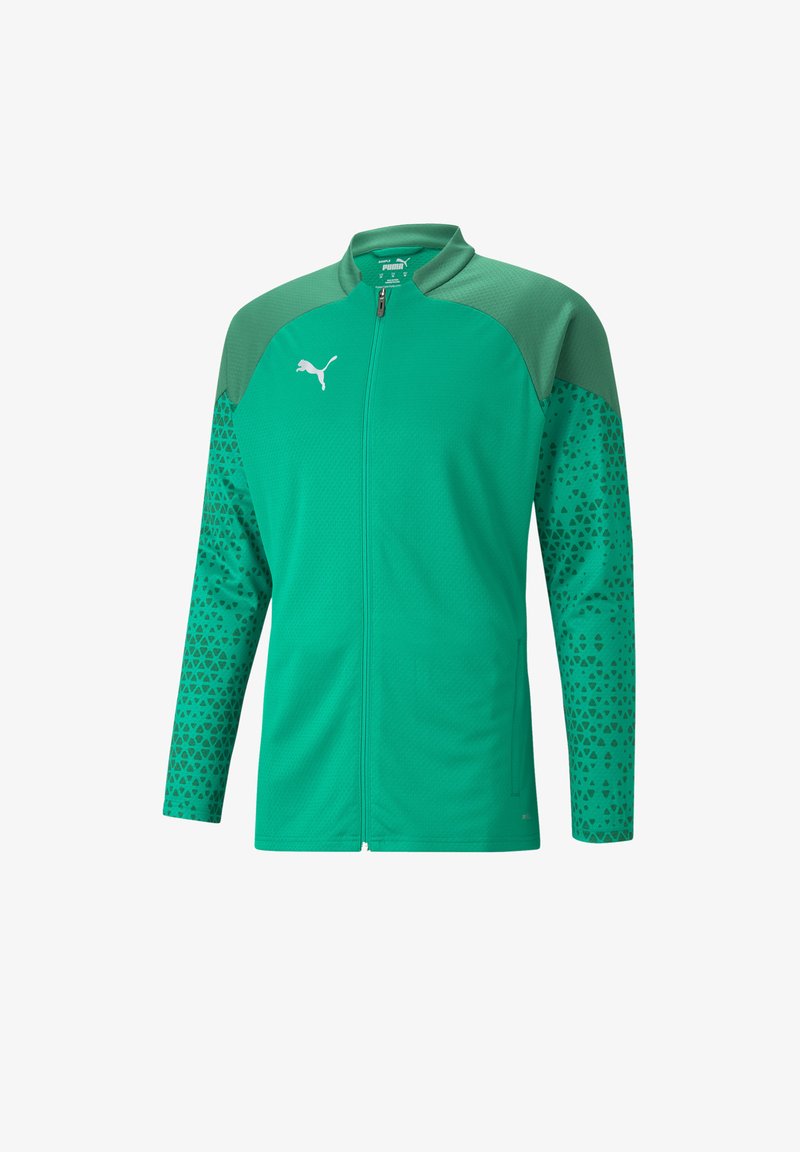 Veste de sport verte avec fermeture éclair intégrale, tissu texturé, section d'épaule contrastante et manches à motifs avec de petits designs triangulaires.