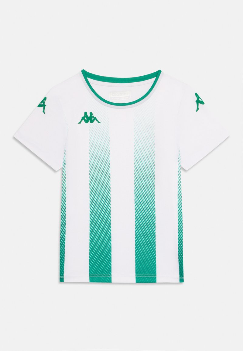 Witte korte mouwen t-shirt met groene verloop verticale strepen, een groene ronde halslijn en Kappa-logo's op de schouders.