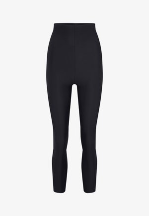 Schwarze, hoch taillierte Leggings aus einem glatten, dehnbaren Material. Sie verfügen über ein eng anliegendes Design und haben volle Länge mit einer nahtlosen Verarbeitung.