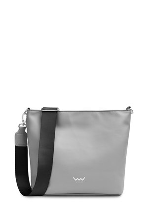Gray synthetic handbag with a smooth texture, zip top, black shoulder strap, and silver hardware. Features a small logo on the front.