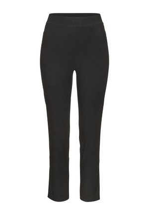 Schwarze, enganliegende Hose mit glattem Taillenbund und geraden Beinen, präsentiert vor weißem Hintergrund.