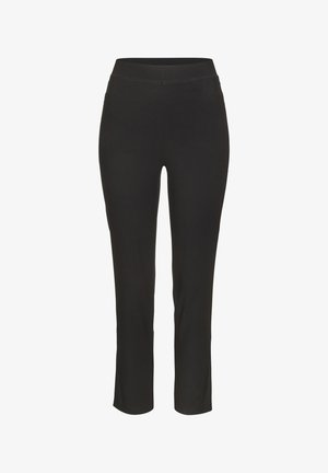 Zwarte nauwsluitende broek met een gladde tailleband en rechte pijpen, weergegeven tegen een witte achtergrond.