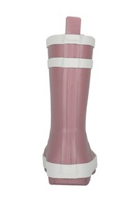 Vaaleanpunainen kuminen sadekenkä, jossa on valkoiset raidat, hieman kaareva muoto, teksturoitu pinta ja vetolevy takana helppoa pukemista varten.