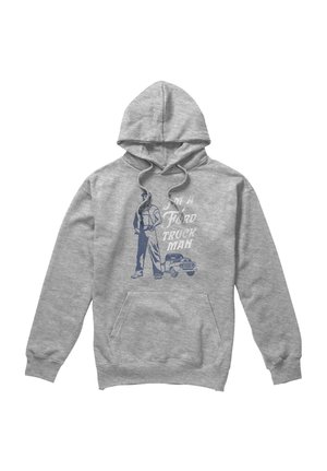 Gray hooded sweatshirt with front pocket, featuring a graphic of a standing man and vintage truck with text "I'm a Ford Truck Man."