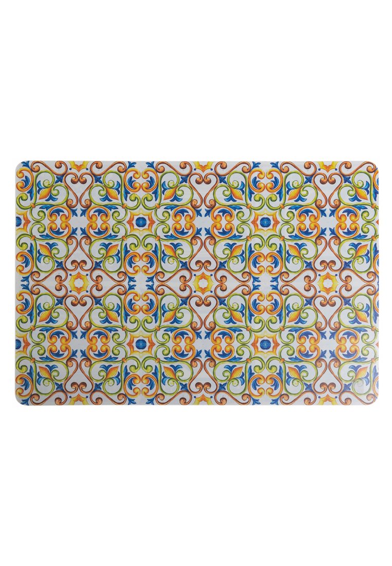 Prostokątna płytka ceramiczna z kolorowym wzorem kwiatowym i geometrycznym, z pomarańczowymi, niebieskimi, zielonymi i żółtymi wzorami na białym tle.
