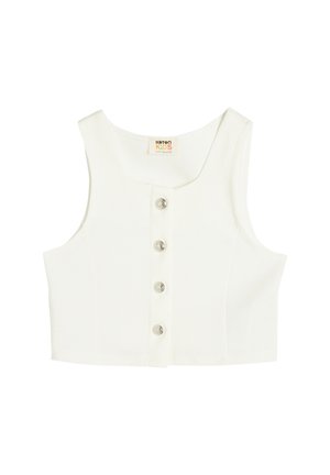 White cropped tank top made of smooth fabric, featuring a rounded neckline and four silver-button accents down the front.