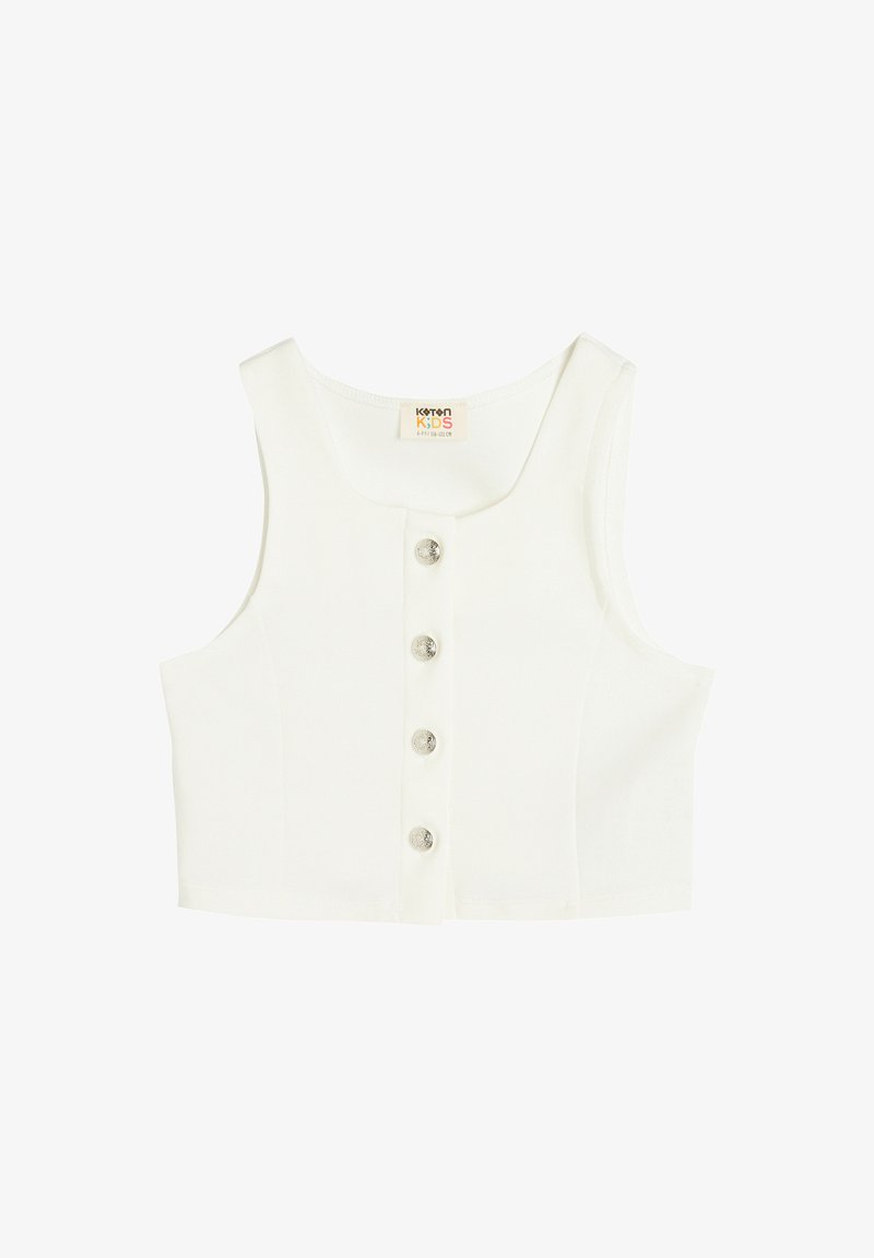 Weiße, kurz geschnittene Tanktop aus glattem Stoff, mit einem runden Halsausschnitt und vier silberfarbenen Knopfakzenten auf der Vorderseite.