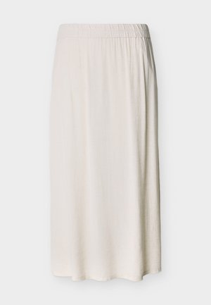 Middenlange rok in roomkleur met elastische tailleband, rechte snit, gemaakt van zachte, lichte stof.