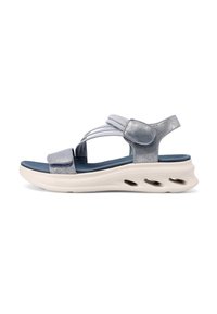 Sandali metallici blu con cinturini regolabili, soletta imbottita e suola bianca, leggermente curvata, con dettagli a taglio.