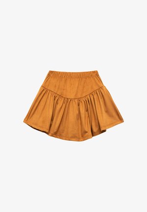 Roodbruine uitlopende rok van zacht materiaal, met een gelaagde ruches ontworpen en een elastische tailleband voor comfort.