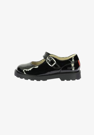 Scarpa Mary Jane in vernice nera con punta arrotondata, cinturino regolabile, fibbia in metallo e suola in gomma spessa con grip.