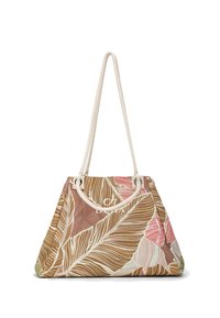 Tote bag met bruin, roze en beige tropisch bladpatroon, voorzien van twee lange beige touwen als handvatten.