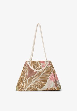 Taske med brun, lyserød og beige tropisk bladmønster, med to lange beige rebhåndtag.