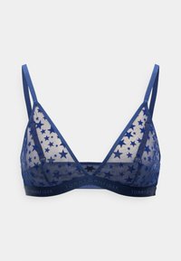 Tumesinine kolmnurga bikiinibralette, mis on valmistatud läikisest võrgust tähemustritega. Omab reguleeritavaid rihmasid ja bränditud elastset paela.