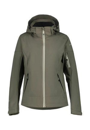 Olivgrüne Softshelljacke mit Kapuze, weißem Frontreißverschluss, Reißverschlusstaschen an den Seiten, Reißverschlusstasche am linken Ärmel und verstellbaren Kapuzenkordeln.