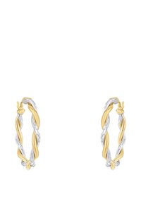 Vriden hoopearringar med en kombination av polerat guld och silver. Strukturerade ytor med växlande färgsektioner.