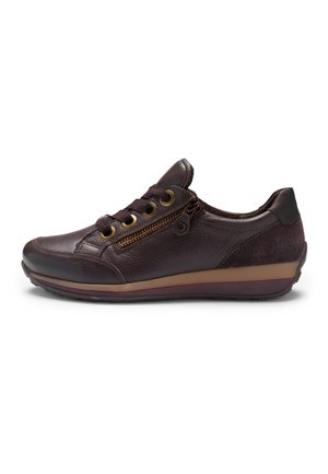 Dark brown leather casual sneaker with side zipper, lace-up front, and tan and burgundy sole, shown from a side view on white background.