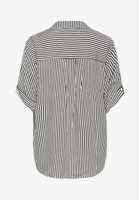 Striped button-up shirt in navy and white, featuring a collar, short rolled sleeves, and a back pleat for relaxed fit.