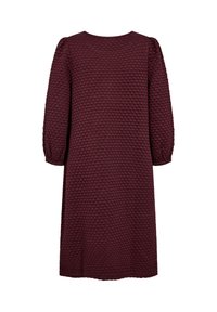 Burgunderfärgad klänning med en strukturerad, bubbel-liknande design, rund halsringning och långa puffärmar, som når knä längd.