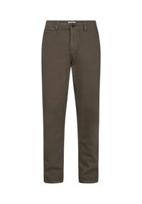Mørke olivengrønne bukser med en glat tekstur, lige snit, bæltestropper og knaplukning. Har forlommer og et klassisk design.