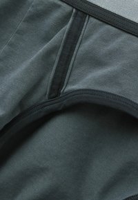 Donkergroene stoffen onderbroeken met een gladde textuur, met een brede elastische tailleband en contrasterende zwarte stikdetails.